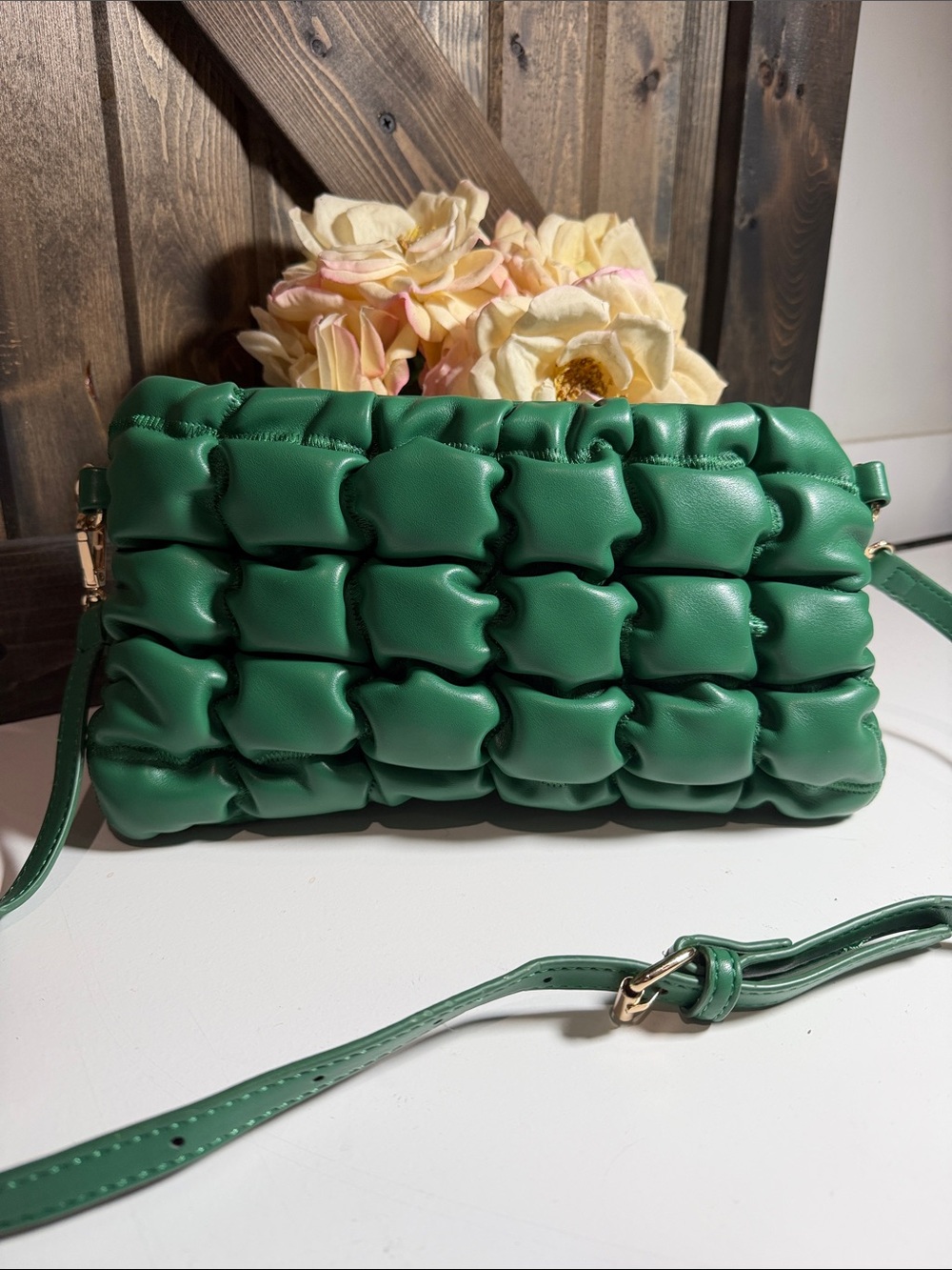 Emerald Quilted Crossbody Bag with Gold-Tone Accents